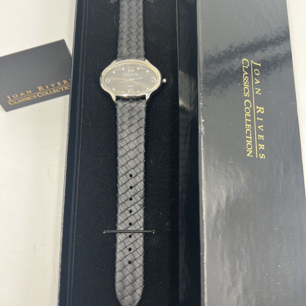 Vintage Joan Rivers Watch Women Silver Tone Oval Black Woven Leather In Box